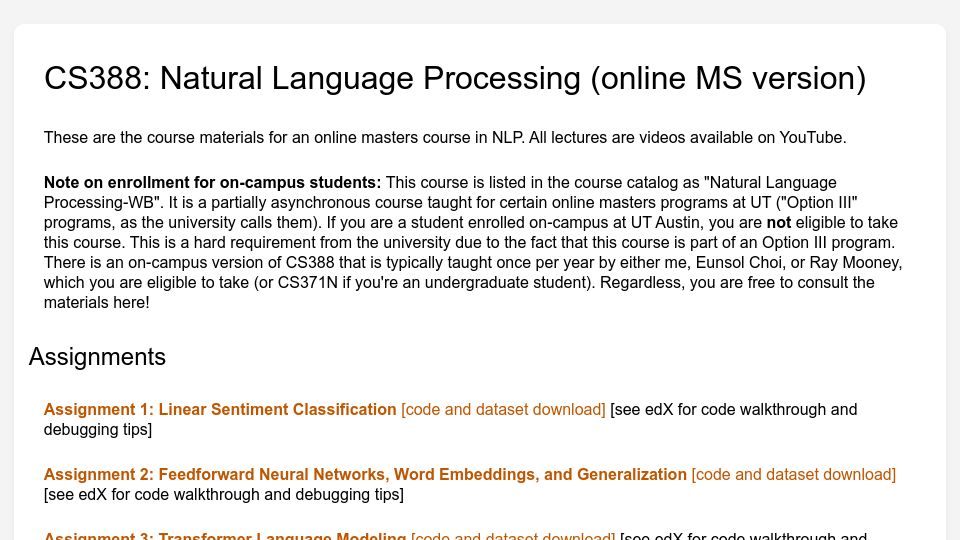 Screenshot of cs.utexas.edu: CS388: Natural Language Processing