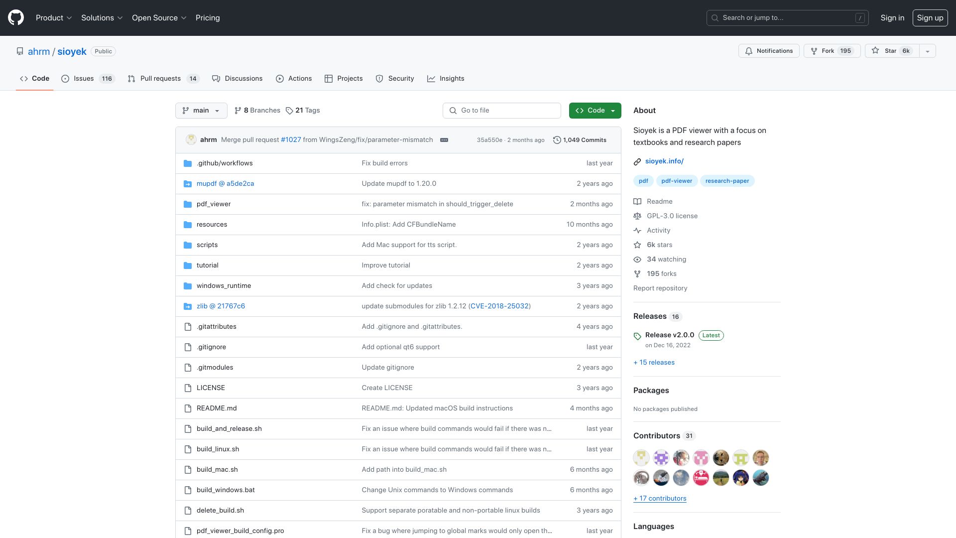 Screenshot of github.com: Sioyek is a PDF viewer with a focus on textbooks and research papers