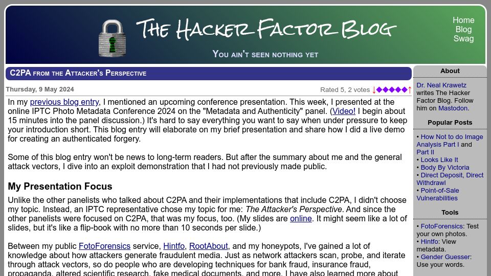 Screenshot of hackerfactor.com: C2PA from the Attacker's Perspective