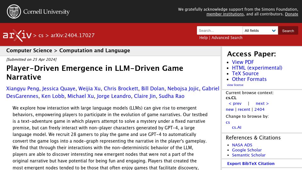 Screenshot of arxiv.org: Player-Driven Emergence in LLM-Driven Game Narrative