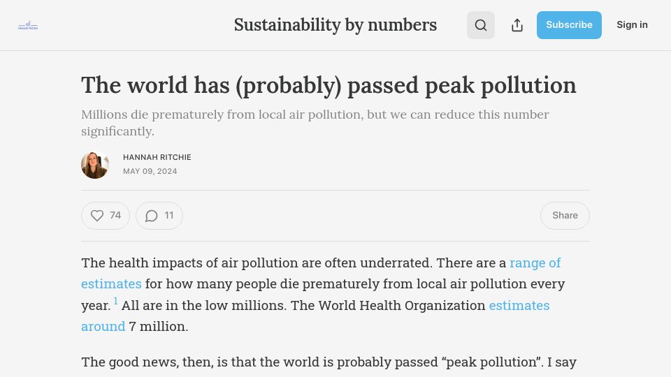 Screenshot of sustainabilitybynumbers.com: The world has probably passed peak pollution