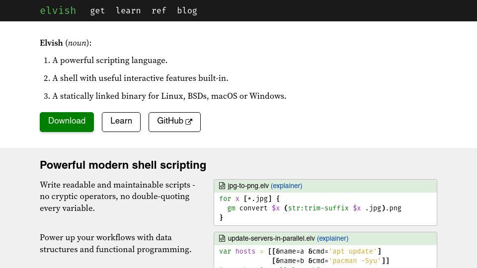 Screenshot of elv.sh: Elvish, expressive programming language and a versatile interactive shell