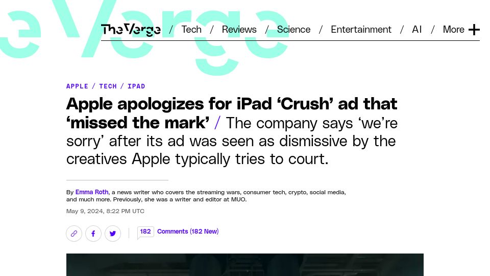 Screenshot of theverge.com: Apple apologizes for iPad 'Crush' ad that 'missed the mark'