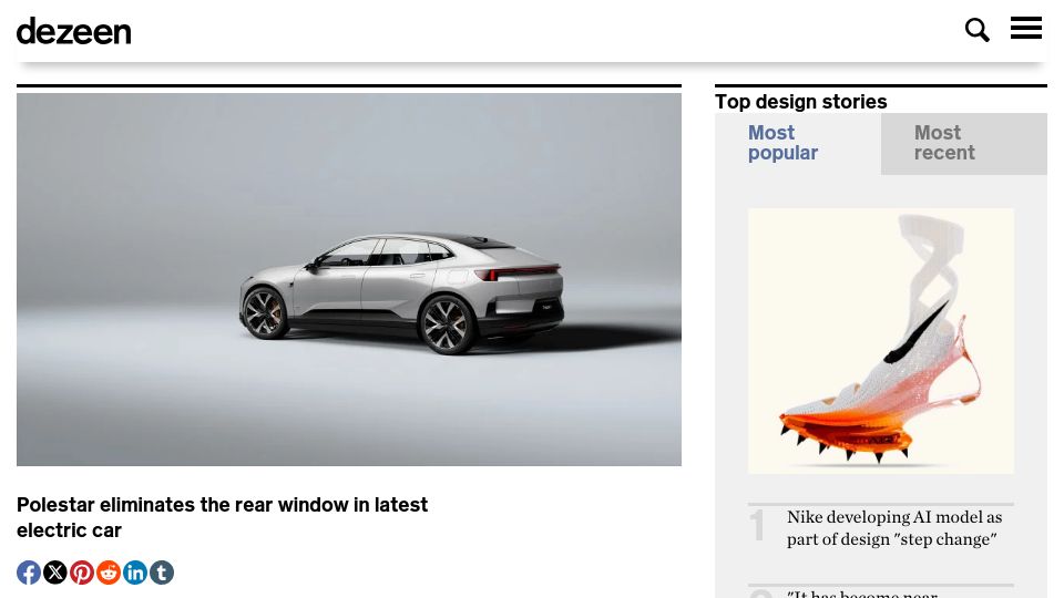 Screenshot of dezeen.com: Polestar eliminates the rear window in latest electric car