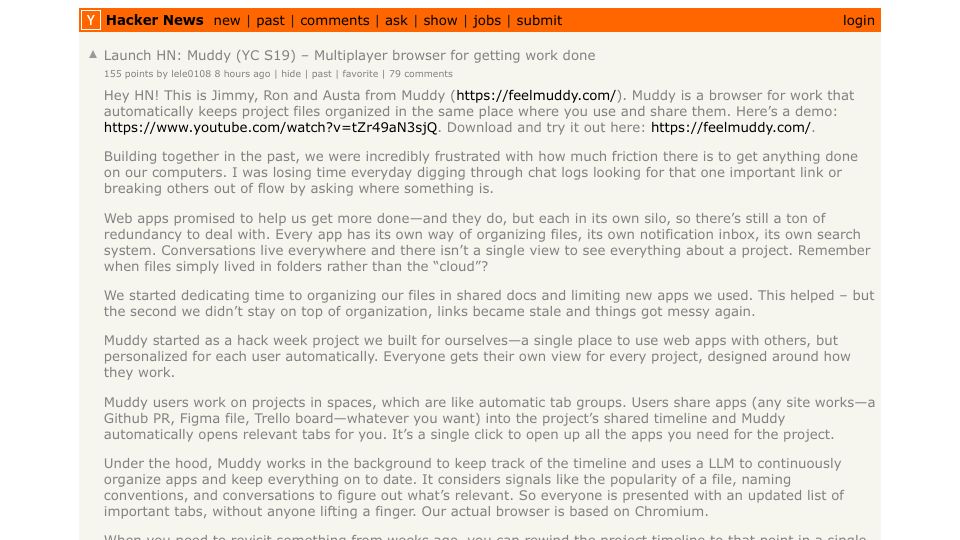 Screenshot of Hacker News post: Launch HN: Muddy (YC S19) – Multiplayer browser for getting work done