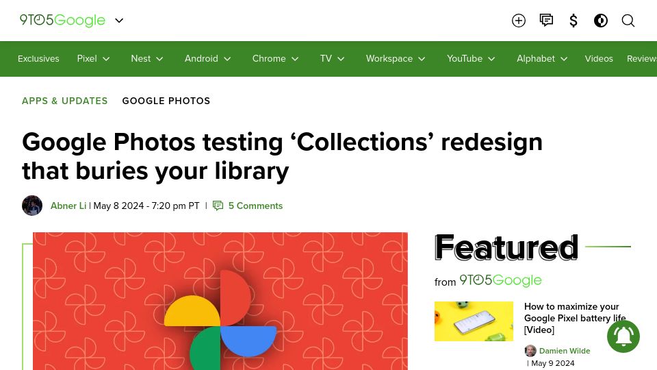 Screenshot of 9to5google.com: Google Photos testing 'Collections' redesign that buries your library