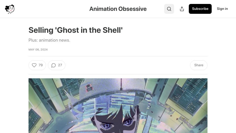 Screenshot of animationobsessive.substack.com: Selling 'Ghost in the Shell'