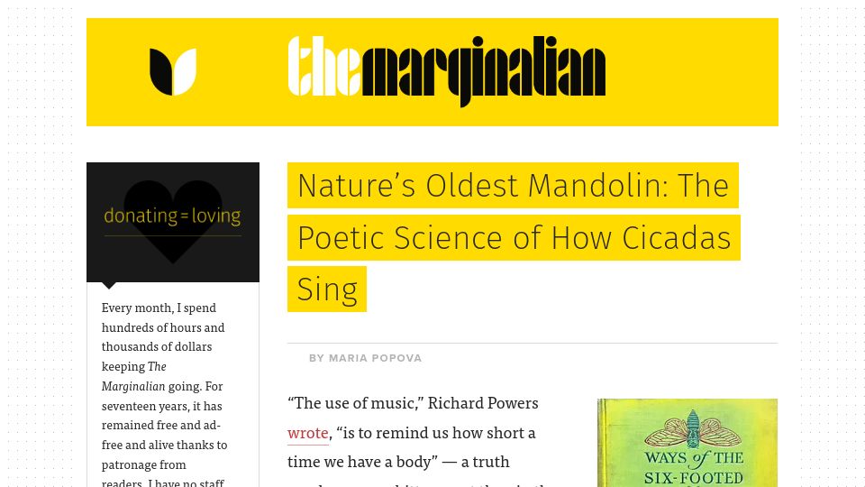 Screenshot of themarginalian.org: The poetic science of how cicadas sing