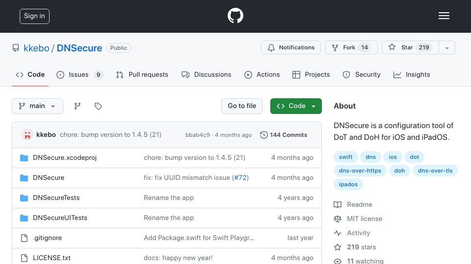 Screenshot of github.com: DNSecure – a configuration tool of DoT and DoH for iOS and iPadOS