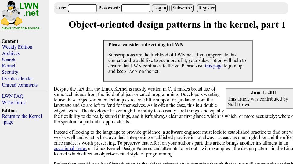 Screenshot of lwn.net: Object oriented design patterns in the Linux kernel (2011)