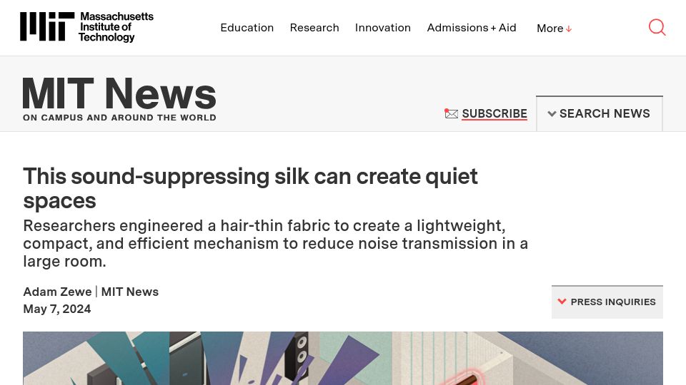 Screenshot of news.mit.edu: Sound-suppressing silk can create quiet spaces