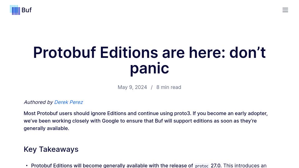 Screenshot of buf.build: Protobuf Editions are here: don't panic