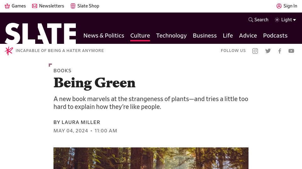 Screenshot of slate.com: Being Green: A new book marvels at the strangeness of plants