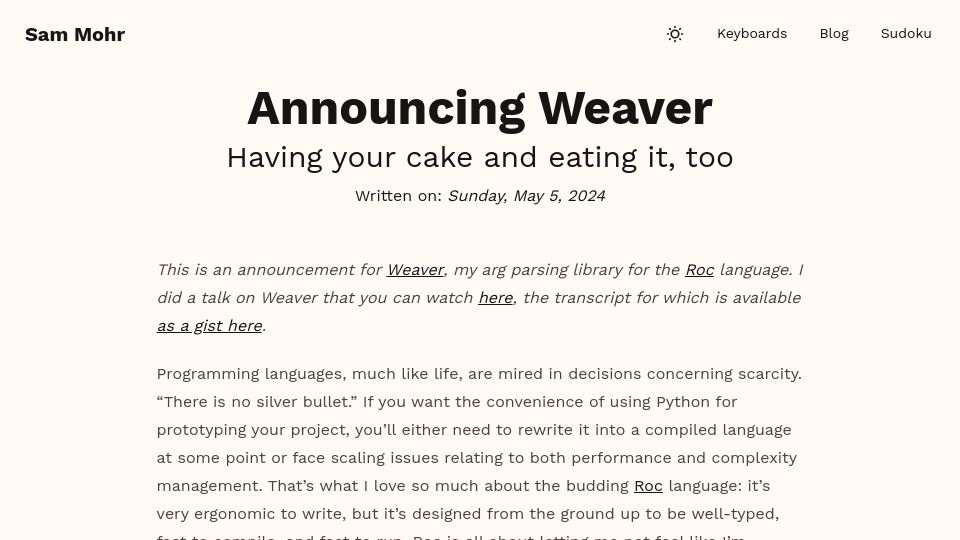 Screenshot of sammohr.dev: Weaver: An ergonomic CLI parsing library for Roc lang