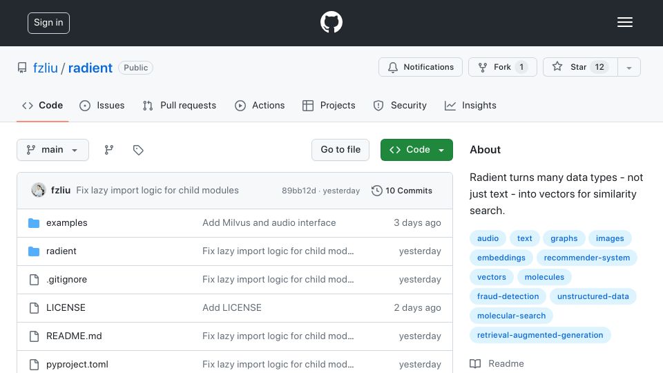 Screenshot of github.com: Radient – vectorize many data types, not just text