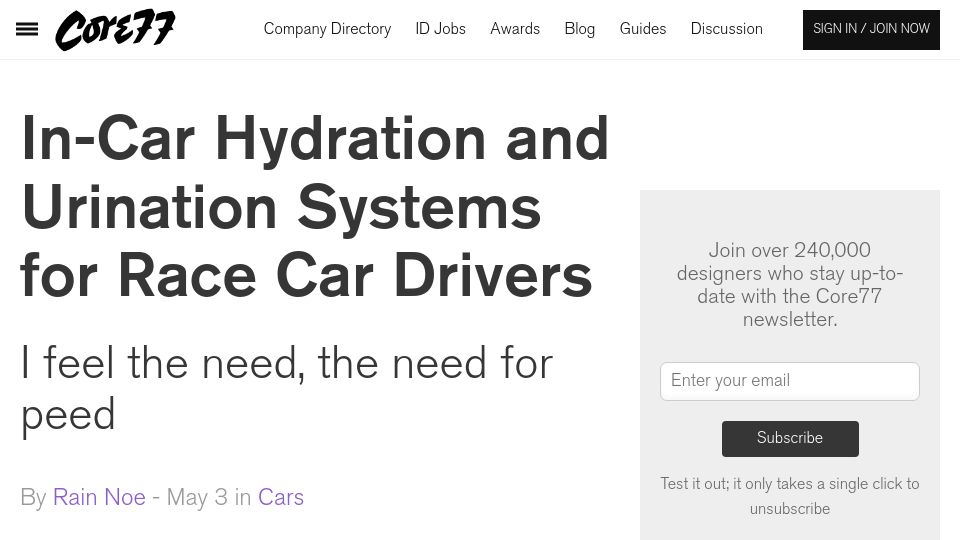Screenshot of core77.com: In-Car Hydration and Urination Systems for Race Car Drivers