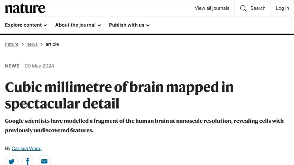 Screenshot of nature.com: Cubic millimetre of brain mapped in spectacular detail