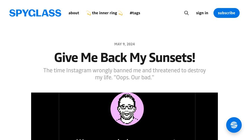 Screenshot of spyglass.org: Give Me Back My Sunsets! The time Instagram wrongly banned me