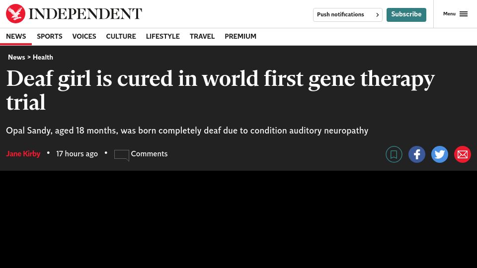 Screenshot of independent.co.uk: Deaf girl is cured in world first gene therapy trial