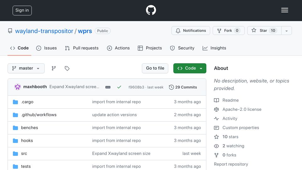 Screenshot of github.com: Wprs – rootless remote desktop for Wayland (and X11, via XWayland) applications