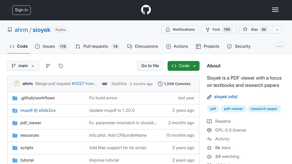 Screenshot of github.com: Sioyek is a PDF viewer with a focus on textbooks and research papers
