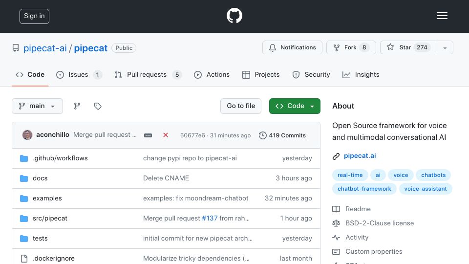 Screenshot of github.com: Show HN: An open source framework for voice assistants