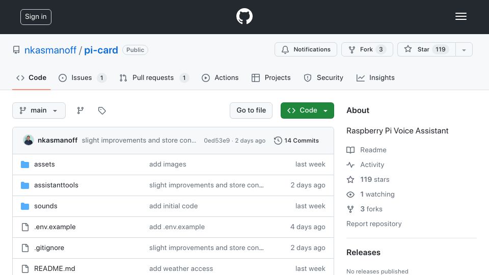 Screenshot of github.com: Show HN: Pi-C.A.R.D, a Raspberry Pi Voice Assistant