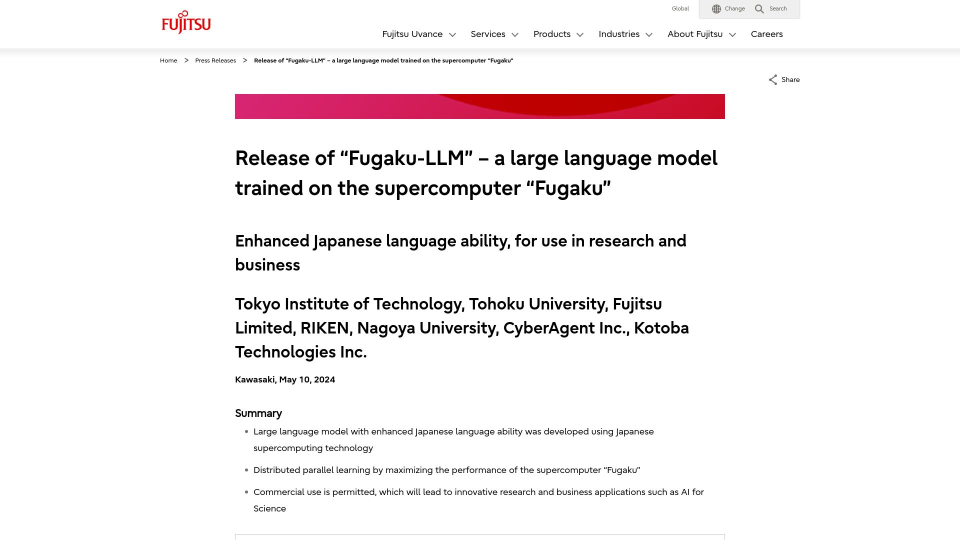Screenshot of fujitsu.com: Release of Fugaku-LLM – a large language model trained on supercomputer Fugaku