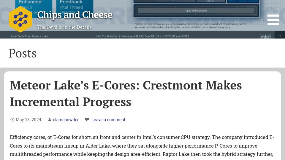 Screenshot of chipsandcheese.com: Meteor Lake's E-Cores: Crestmont Makes Incremental Progress