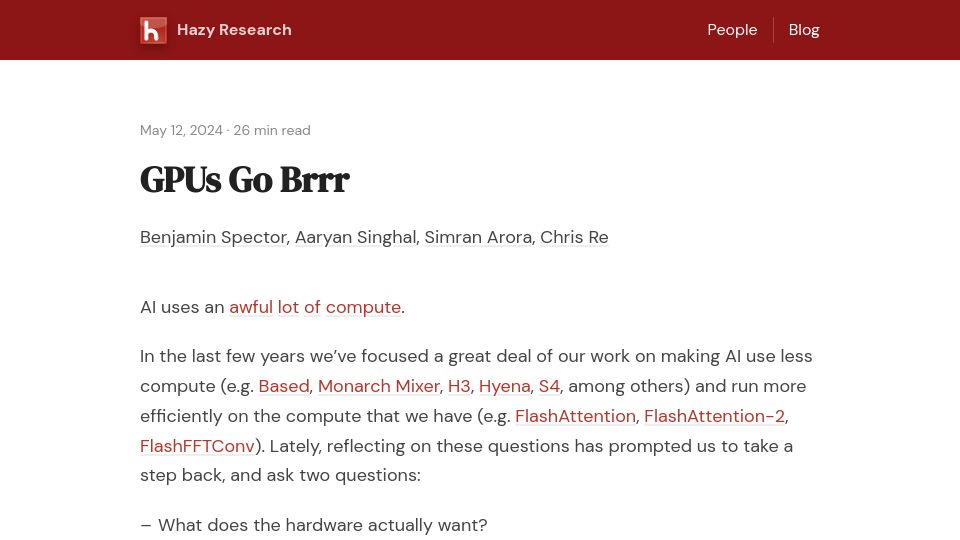 Screenshot of hazyresearch.stanford.edu: GPUs Go Brrr
