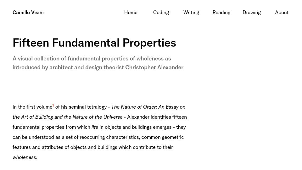 Screenshot of camillovisini.com: Fifteen Fundamental Properties (2022)