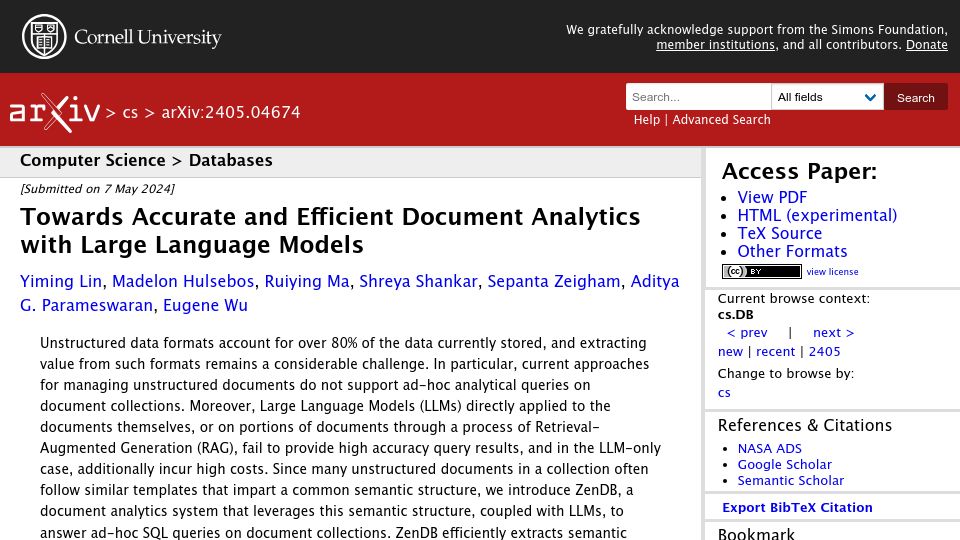 Screenshot of arxiv.org: Towards accurate and efficient document analytics with large language models
