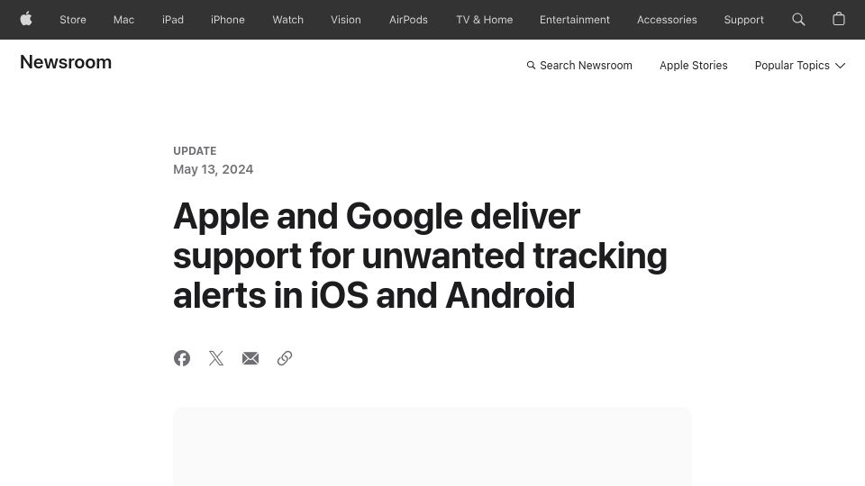 Screenshot of apple.com: Apple and Google deliver support for unwanted tracking alerts in iOS and Android