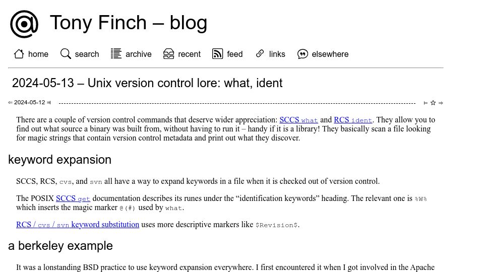 Screenshot of dotat.at: Unix version control lore: what, ident