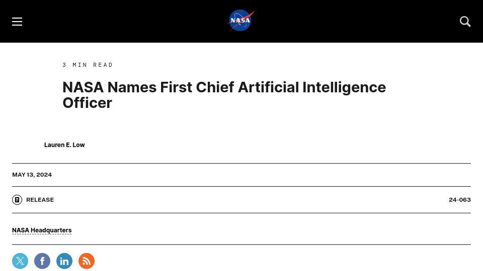 Screenshot of nasa.gov: NASA Names First Chief Artificial Intelligence Officer