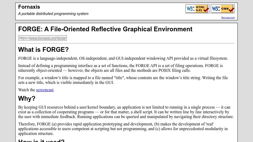 Screenshot of fornaxis.org: Language, OS and GUI -independent windowing API provided as a virtual filesystem