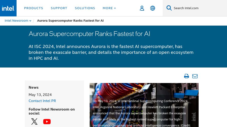 Screenshot of intel.com: Intel announces the Aurora supercomputer has broken the exascale barrier