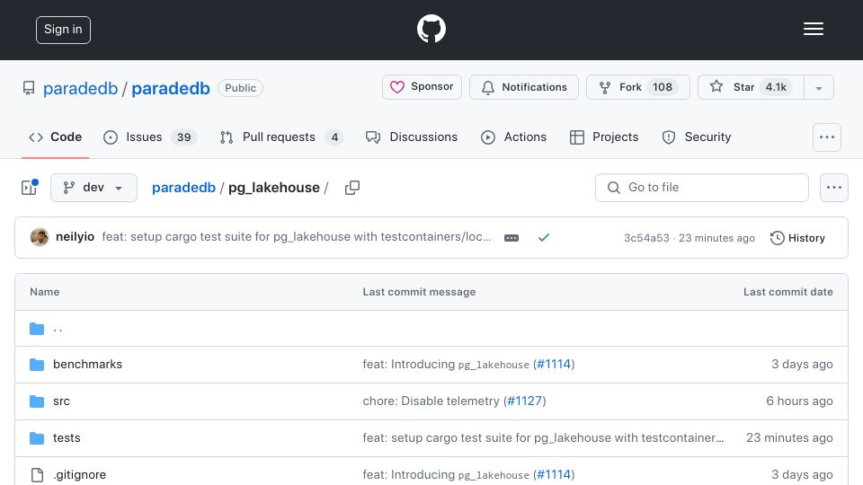 Screenshot of github.com: Pg_lakehouse: Query Any Data Lake from Postgres