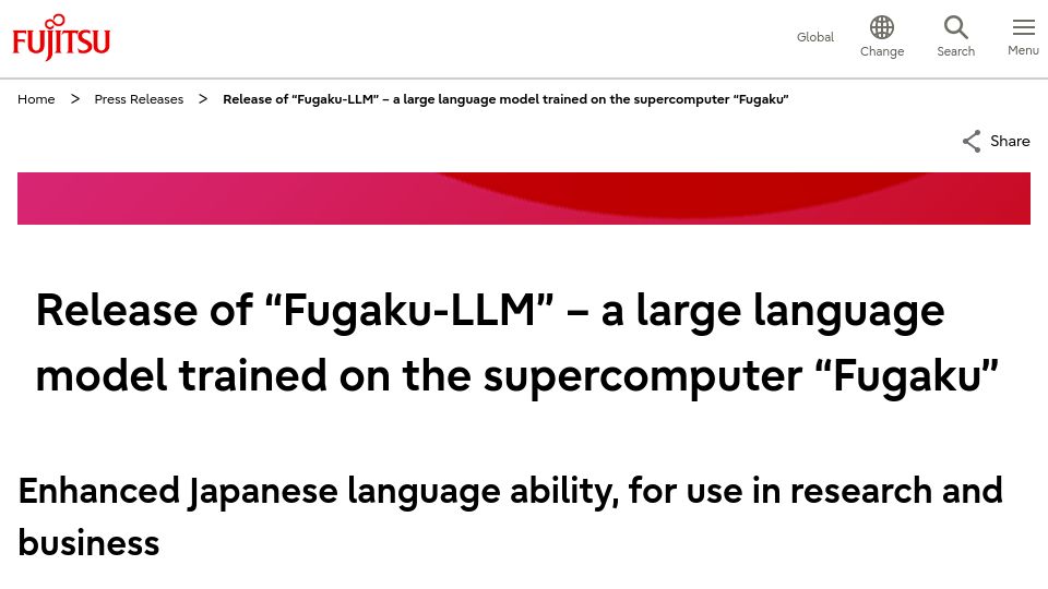 Screenshot of fujitsu.com: Release of Fugaku-LLM – a large language model trained on supercomputer Fugaku