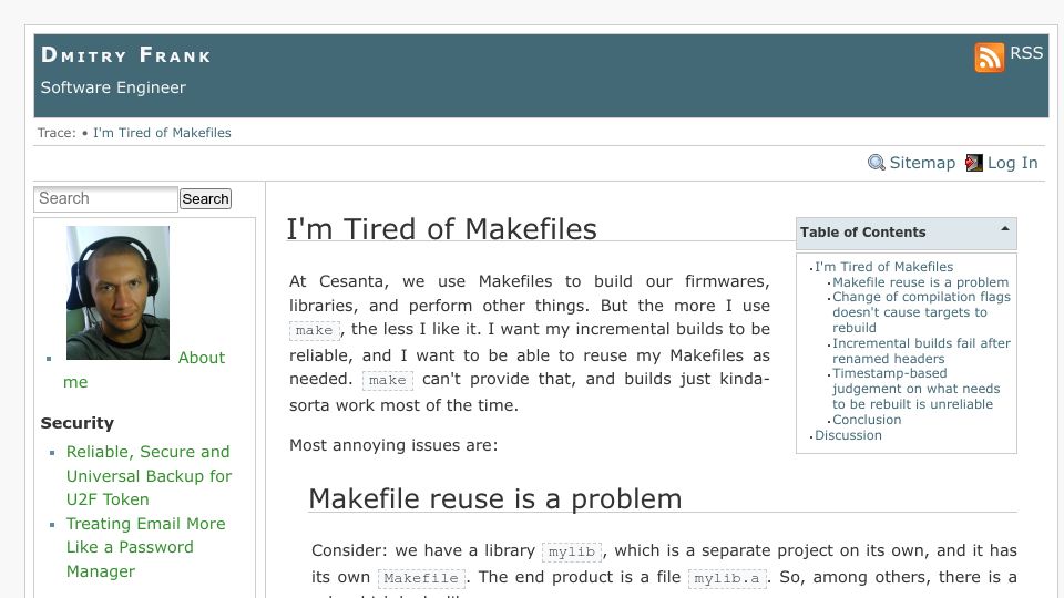 Screenshot of dmitryfrank.com: Tired of Makefiles