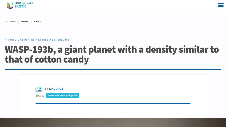 Screenshot of exotic.uliege.be: Wasp-193B, a giant planet with a density similar to that of cotton candy