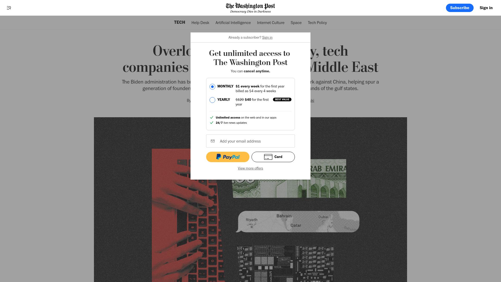 Screenshot of washingtonpost.com: Tech companies are flocking to the Middle East