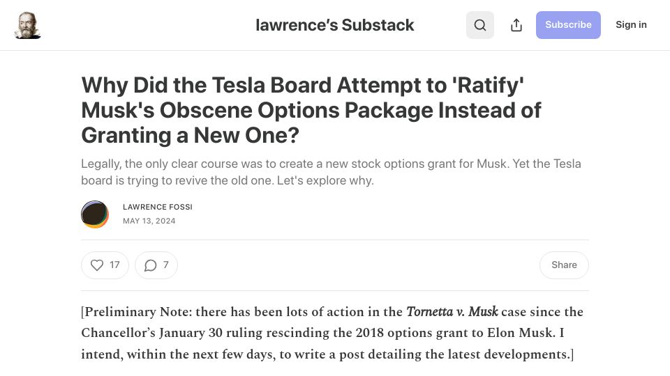 Screenshot of montanaskeptic.substack.com: Tesla Board Attempts to 'Ratify' Musk's Options Package Instead Granting New One