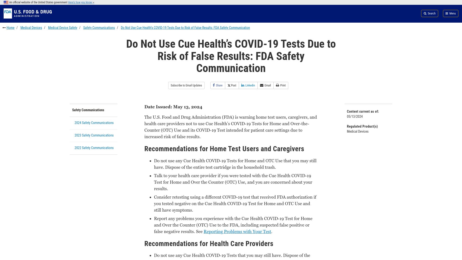 Screenshot of fda.gov: FDA: Do Not Use Cue Health's Covid-19 Tests Due to Risk of False Results
