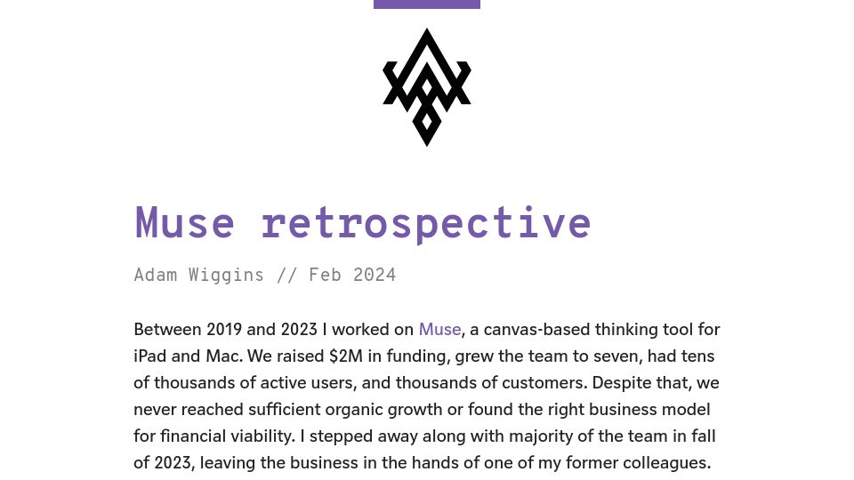 Screenshot of adamwiggins.com: Muse Retrospective