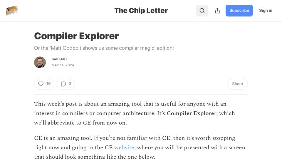 Screenshot of thechipletter.substack.com: Compiler Explorer