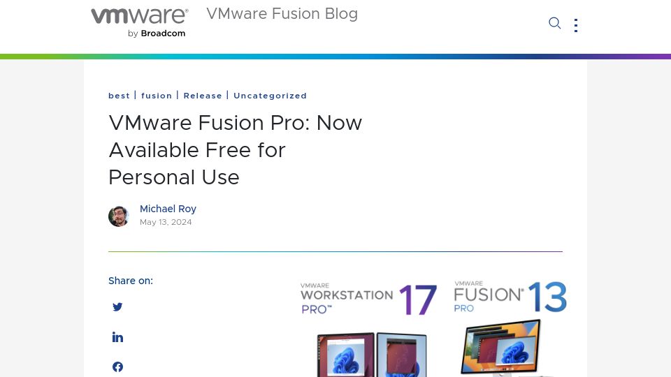 Screenshot of blogs.vmware.com: VMware Fusion Pro: Now available free for personal use