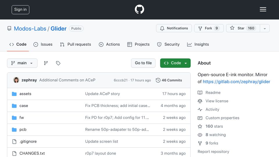 Screenshot of github.com: Glider – open-source eInk monitor with an emphasis on low latency