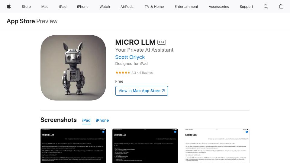 Screenshot of apps.apple.com: Local iOS/macOS phi-3-mini-4k-instruct