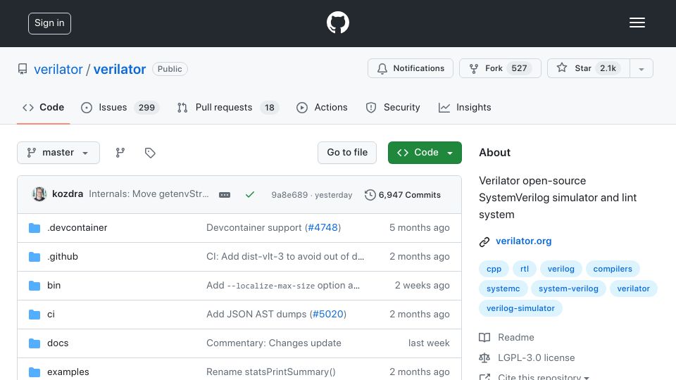 Screenshot of github.com: Verilator: Open-Source SystemVerilog simulator and lint system